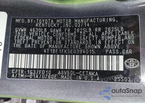 2014 Toyota Camry Le z USA, uszkodzony, nr VIN 4T1BF1FK5EU394015